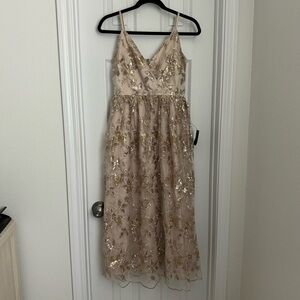 Lulus Glittery Glamour Gold Floral Embroidered Sequin Midi Dress (S)